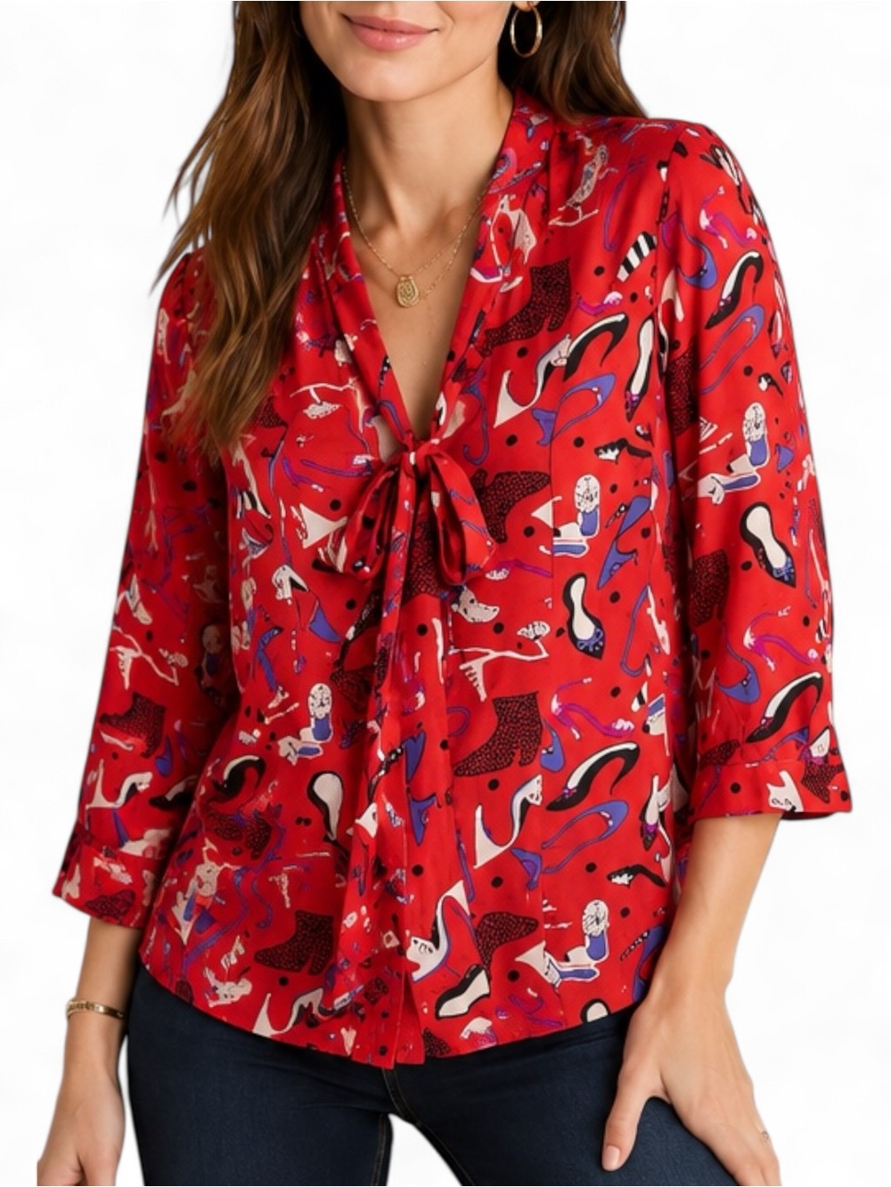 Maeve Anthropologie Rory Tie Neck Blouse 10 Red Shoe Print Rayon NWT $88